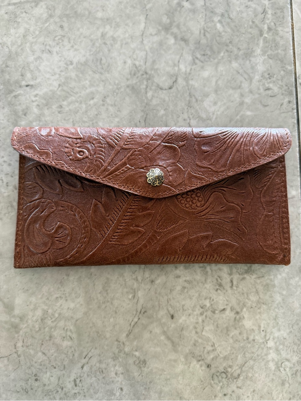 Embossed Floral Leather Envelope Clutch - Brown Wallet